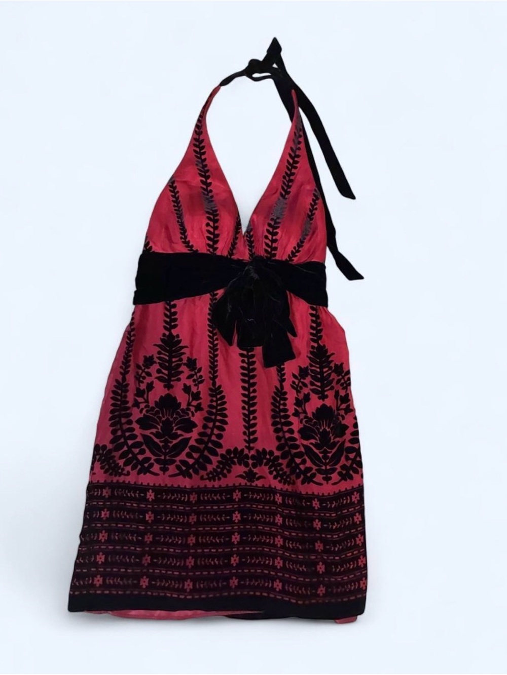 Halter Red Velvet-Detail Embroidered Dress Size 8